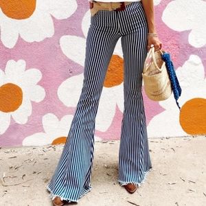 Altar'd State NWT Washed Striped Denim Flare Bellbottoms with fringed hem! Sz S